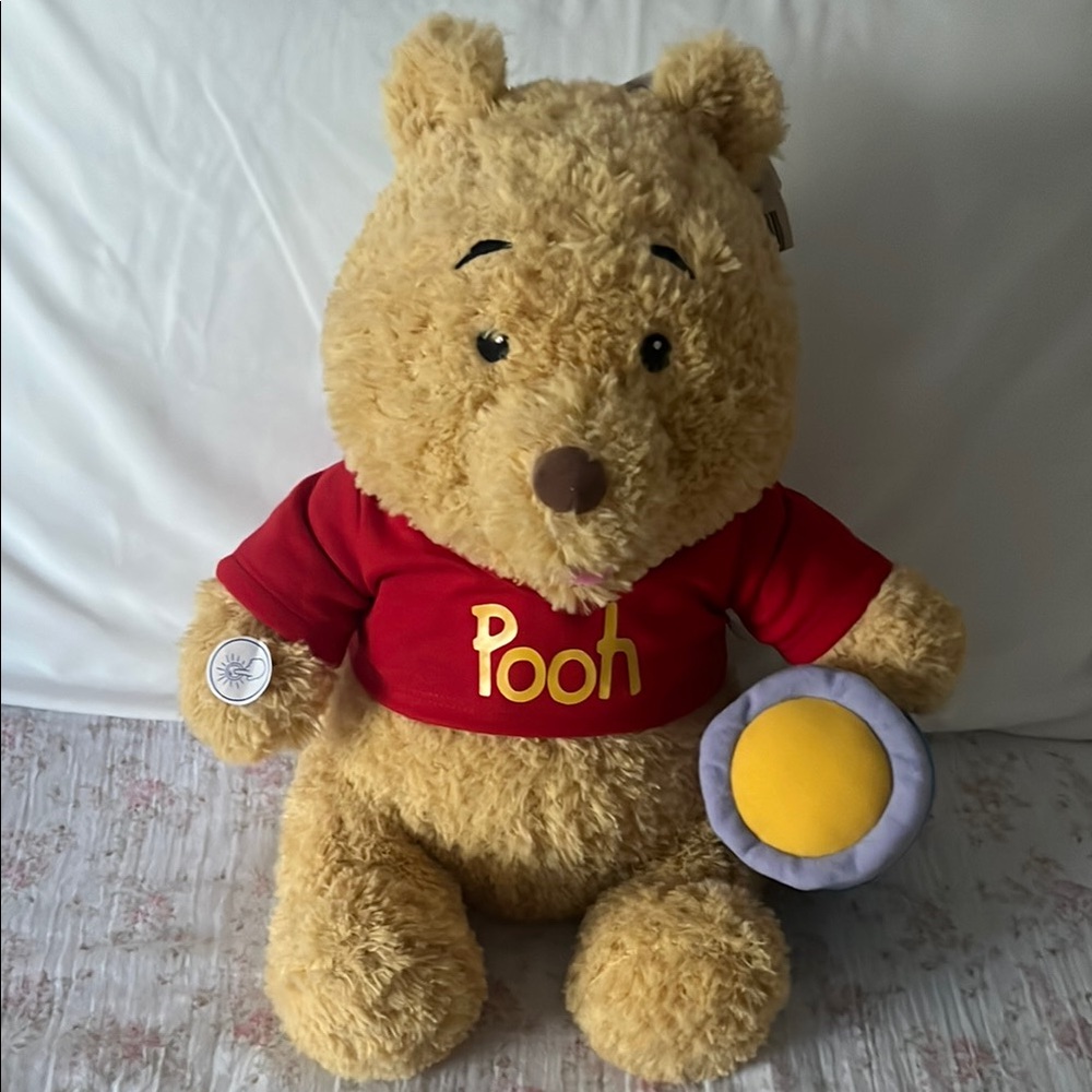 Build a bear Winnie the Pooh Plush with Red Shirt and Blue Honey Pot with sounds